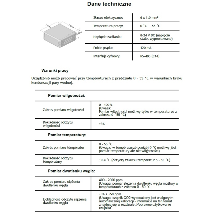 Czujnik SHC do pomiaru stężenia dwutlenku węgla, wilgotności i temperatury, Czujnik sterowania strefowego DO CENTRAL CWK450,  CWK600,  CWPP 420, CWPP
